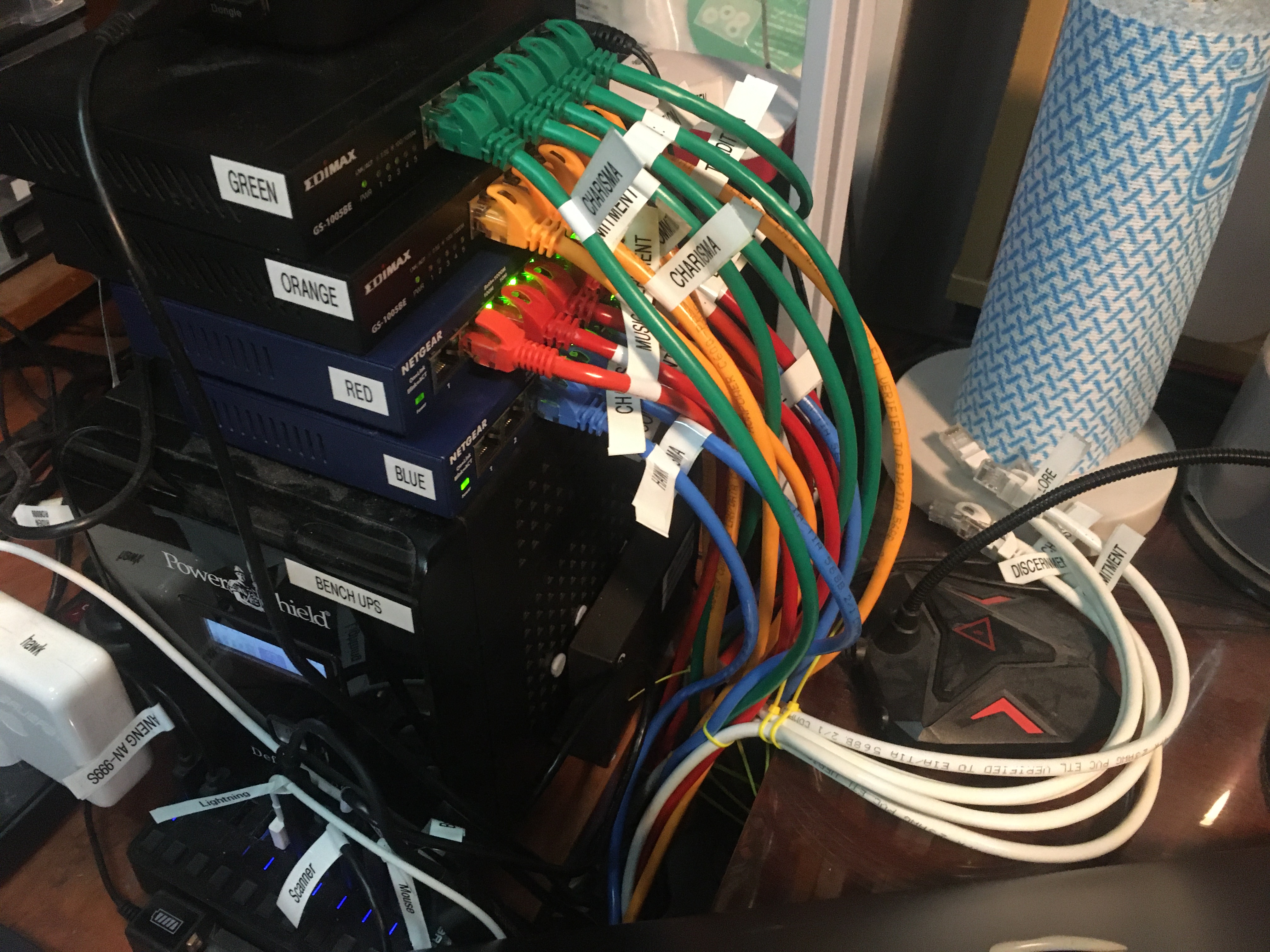 Four network switches with coloured cables