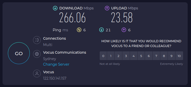 266 Mbps down; 24 Mbps up
